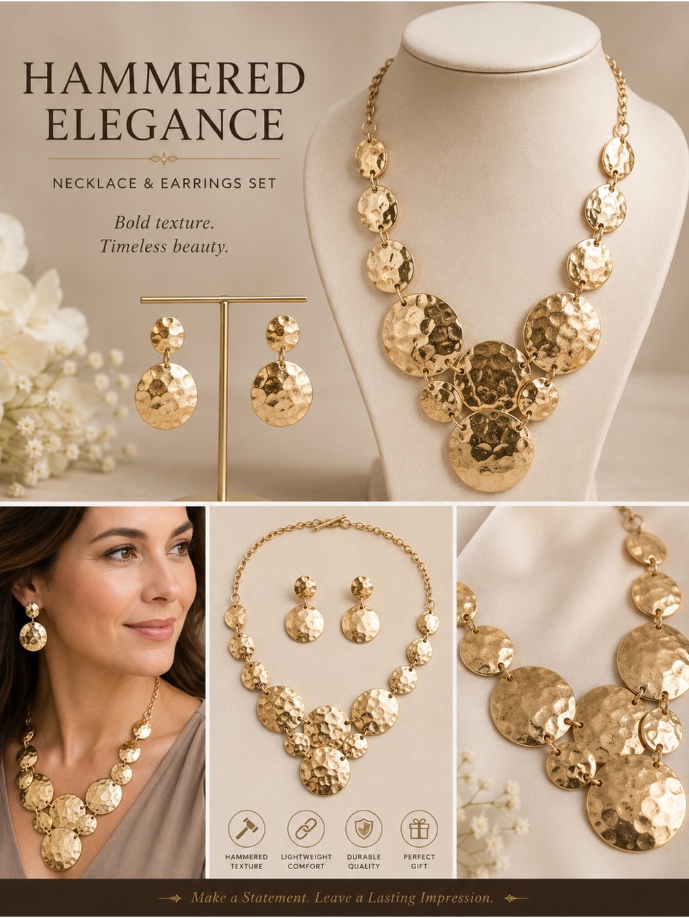 Hammered Gold Disc Necklace & Earrings Set